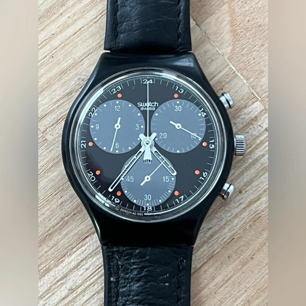 Swatch Chronograph 1991 Wall Street Super Rare Vintage Watch Black Dial Leather
